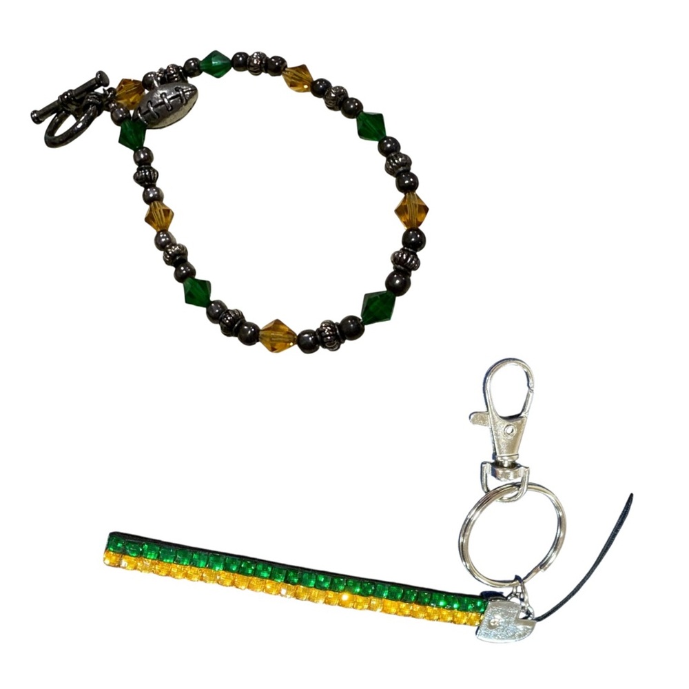 Green Bay Packers Beaded Bracelet & Rhinestone Keychain Bundle – Fan Jewelry Set